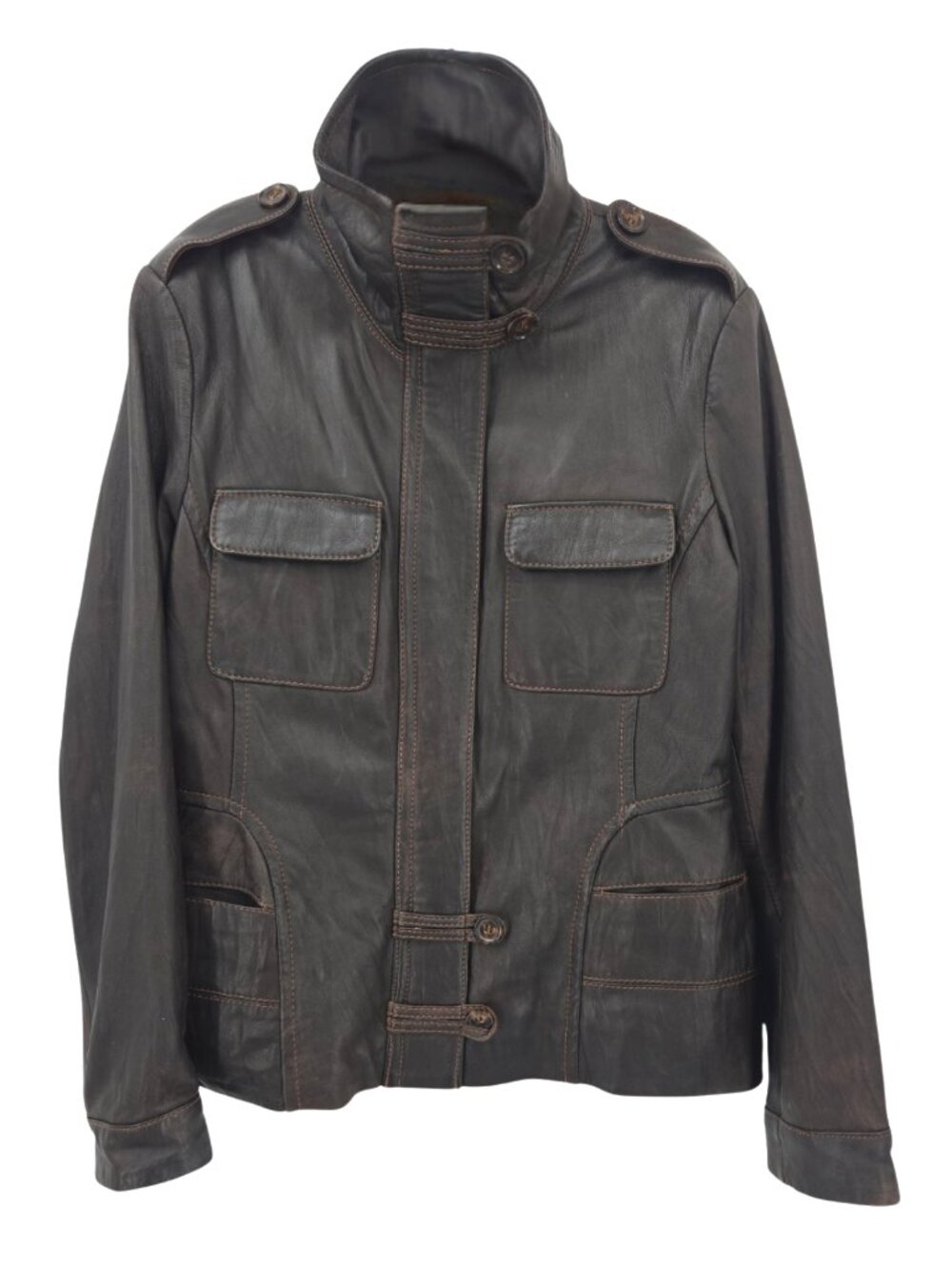 Danier Womens XL Leather Jacket Chocolate Brown Military Funnel Neck Pockets